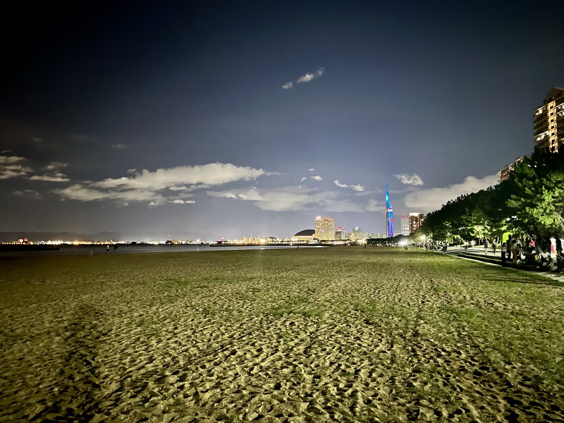 Nearby beach at night with Fukuoka Tower